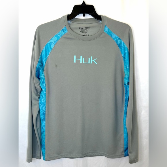Huk Performance Fishing Shirt Strike Solid Long Sleeve Large Gray w/Blue Logo - Picture 1 of 8